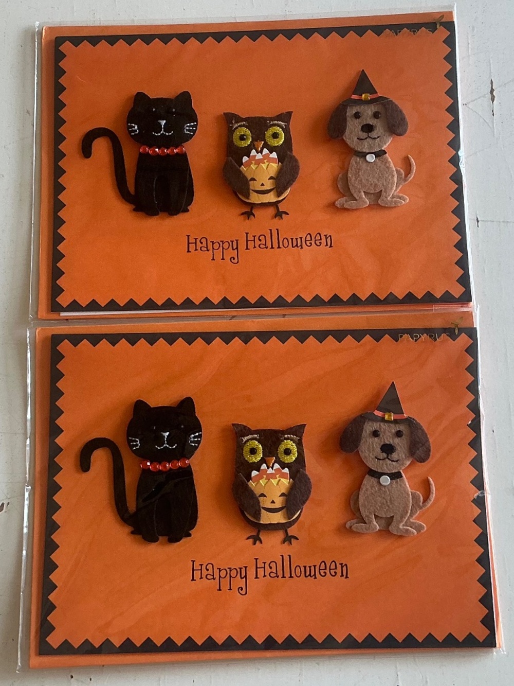 2 New in Package PAPYRUS Happy Halloween cards Kitty Owl Dog